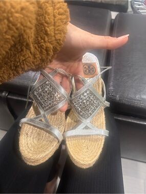 Tory Burch Silver Crystal Espadrille Wedge Sandals